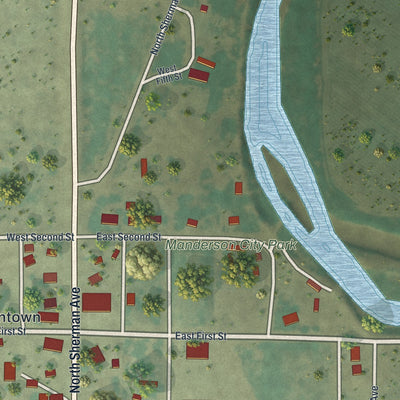 Close-up of the map of Manderson, Wyoming print showing street and building detail
