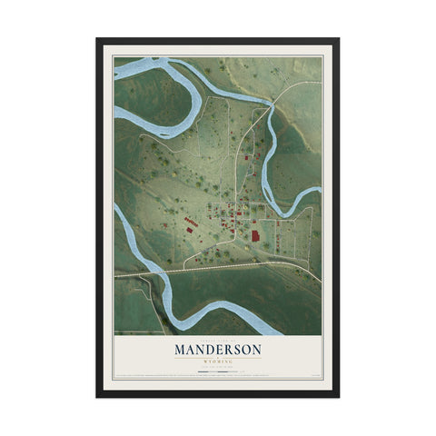 Map of Manderson, Wyoming, 12 x 18 inch print in a black wood frame
