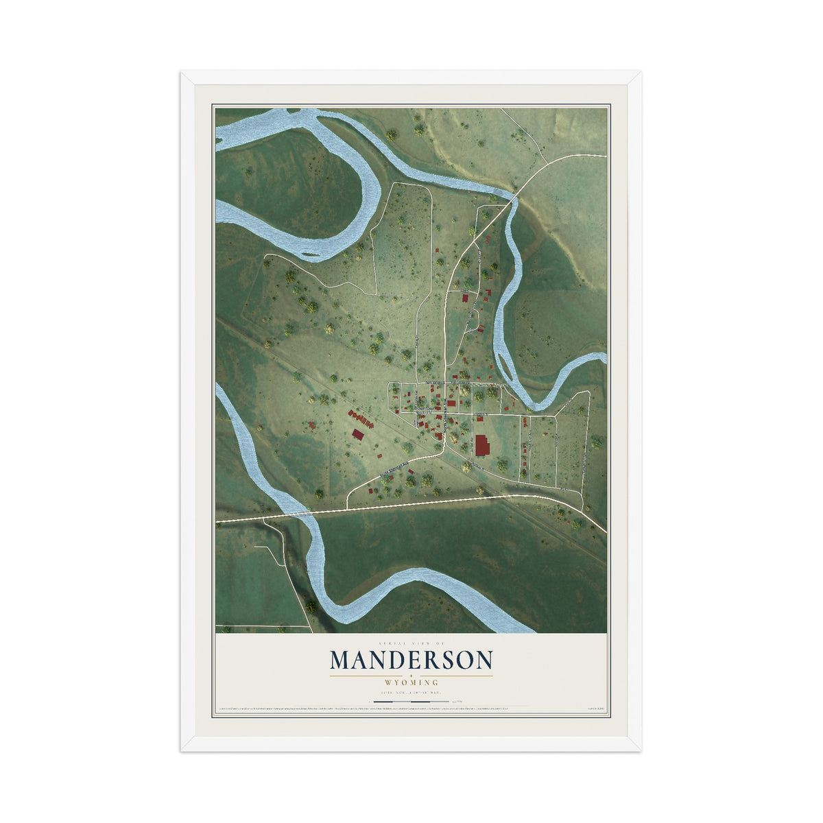 Map of Manderson, Wyoming, 12 x 18 inch print in a white wood frame