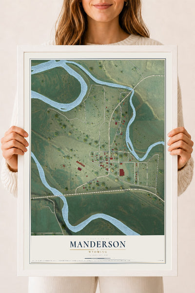 Map of Manderson, Wyoming, 18 x 24 inch print in a white wood frame