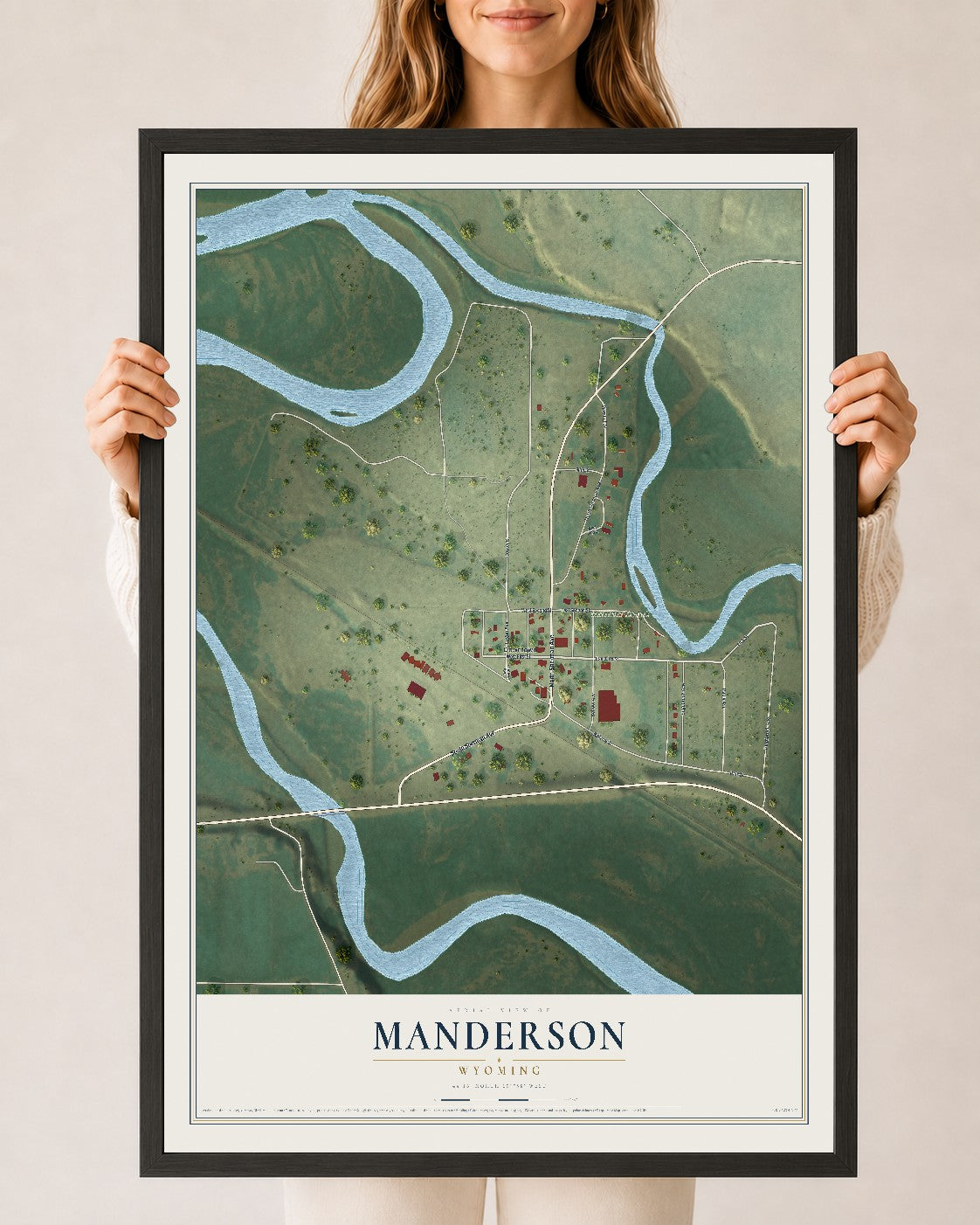 Map of Manderson, Wyoming, 24 x 36 inch print in a black wood frame