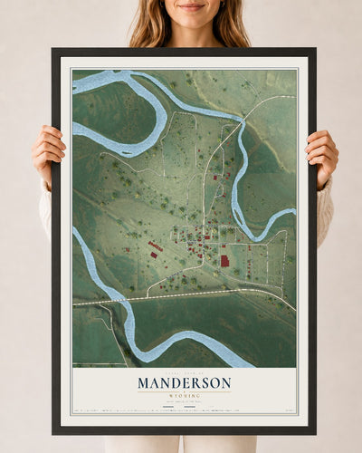 Map of Manderson, Wyoming, 24 x 36 inch print in a black wood frame
