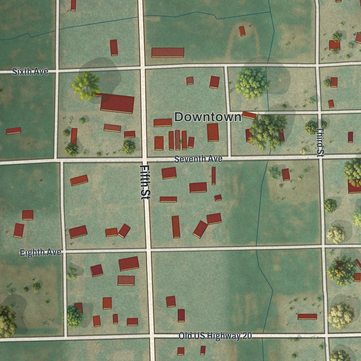 Close-up of the map of Manville, Wyoming print showing street and building detail