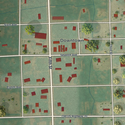 Close-up of the map of Manville, Wyoming print showing street and building detail