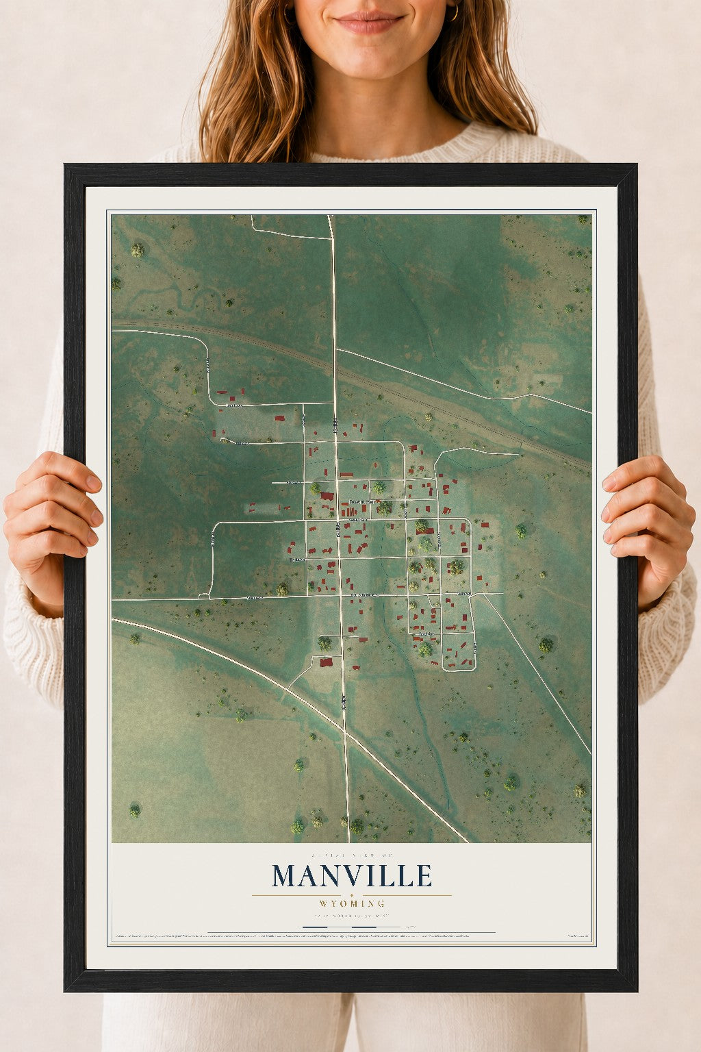 Map of Manville, Wyoming, 18 x 24 inch print in a black wood frame