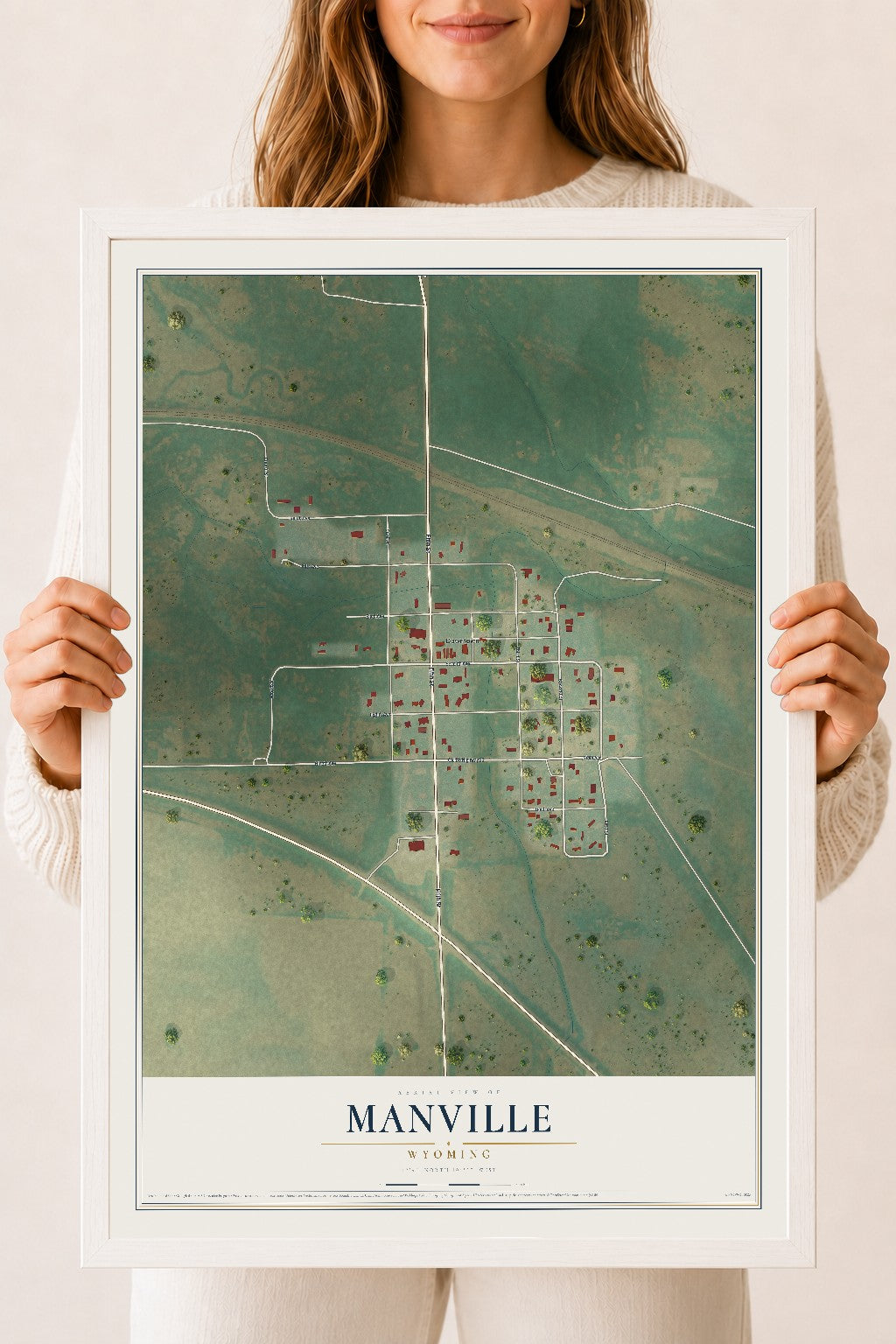 Map of Manville, Wyoming, 18 x 24 inch print in a white wood frame
