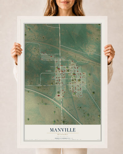 Map of Manville, Wyoming, 24 x 36 inch print in a white wood frame