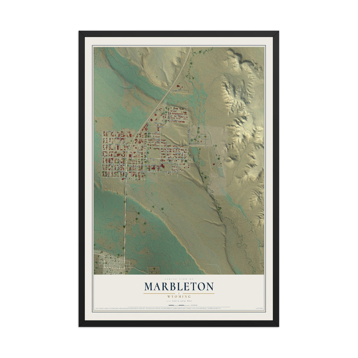Map of Marbleton, Wyoming, 12 x 18 inch print in a black wood frame