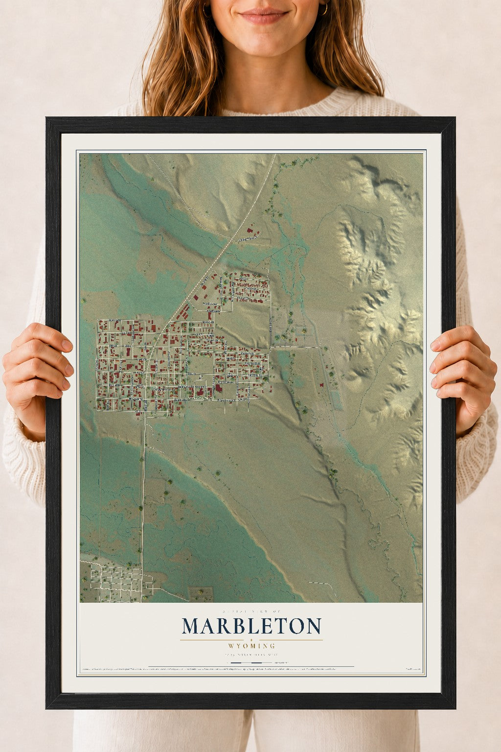 Map of Marbleton, Wyoming, 18 x 24 inch print in a black wood frame