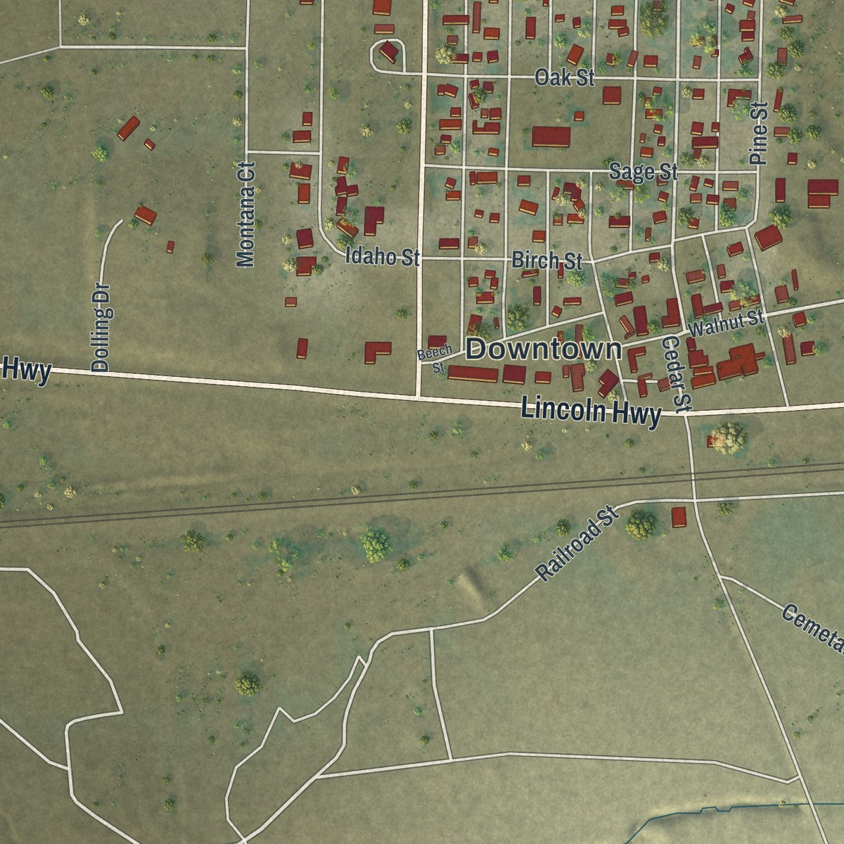 Close-up of the map of Medicine Bow, Wyoming print showing street and building detail