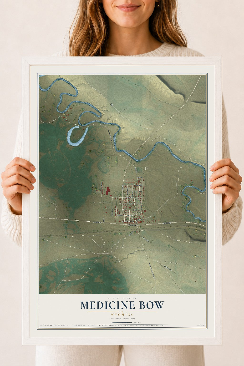 Map of Medicine Bow, Wyoming, 18 x 24 inch print in a white wood frame