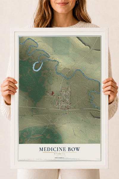 Map of Medicine Bow, Wyoming, 18 x 24 inch print in a white wood frame