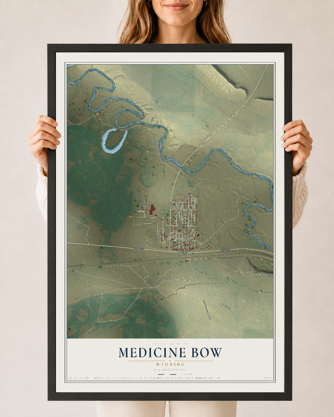 Map of Medicine Bow, Wyoming, 24 x 36 inch print in a black wood frame