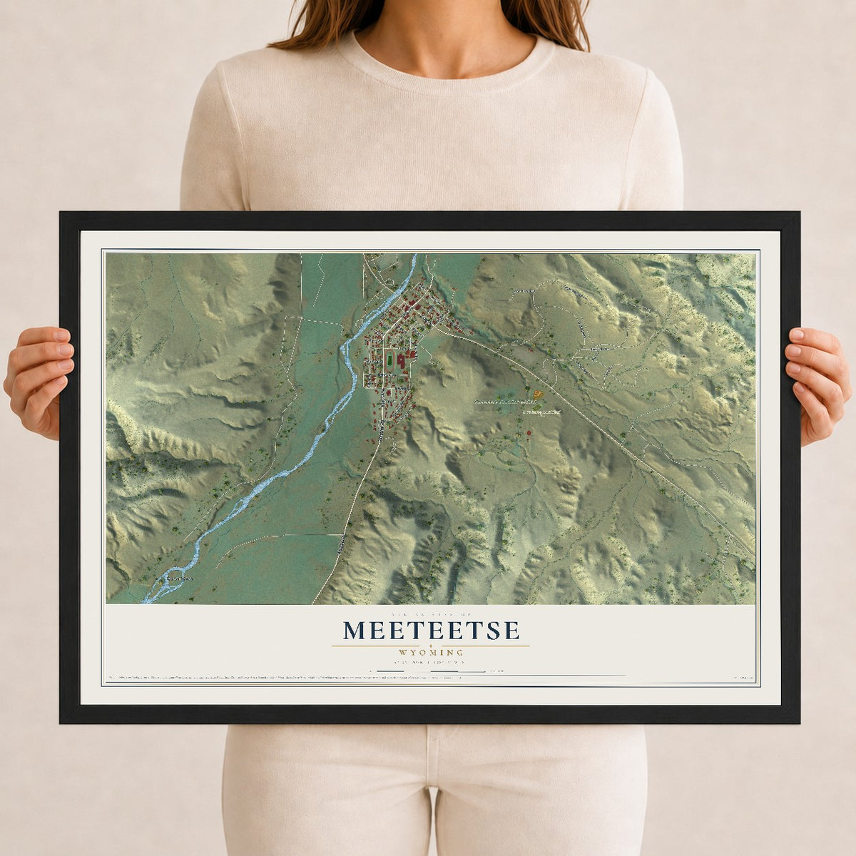 Map of Meeteetse, Wyoming, 12 x 18 inch print in a black wood frame