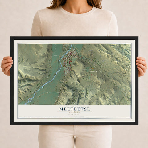 Map of Meeteetse, Wyoming, 12 x 18 inch print in a black wood frame