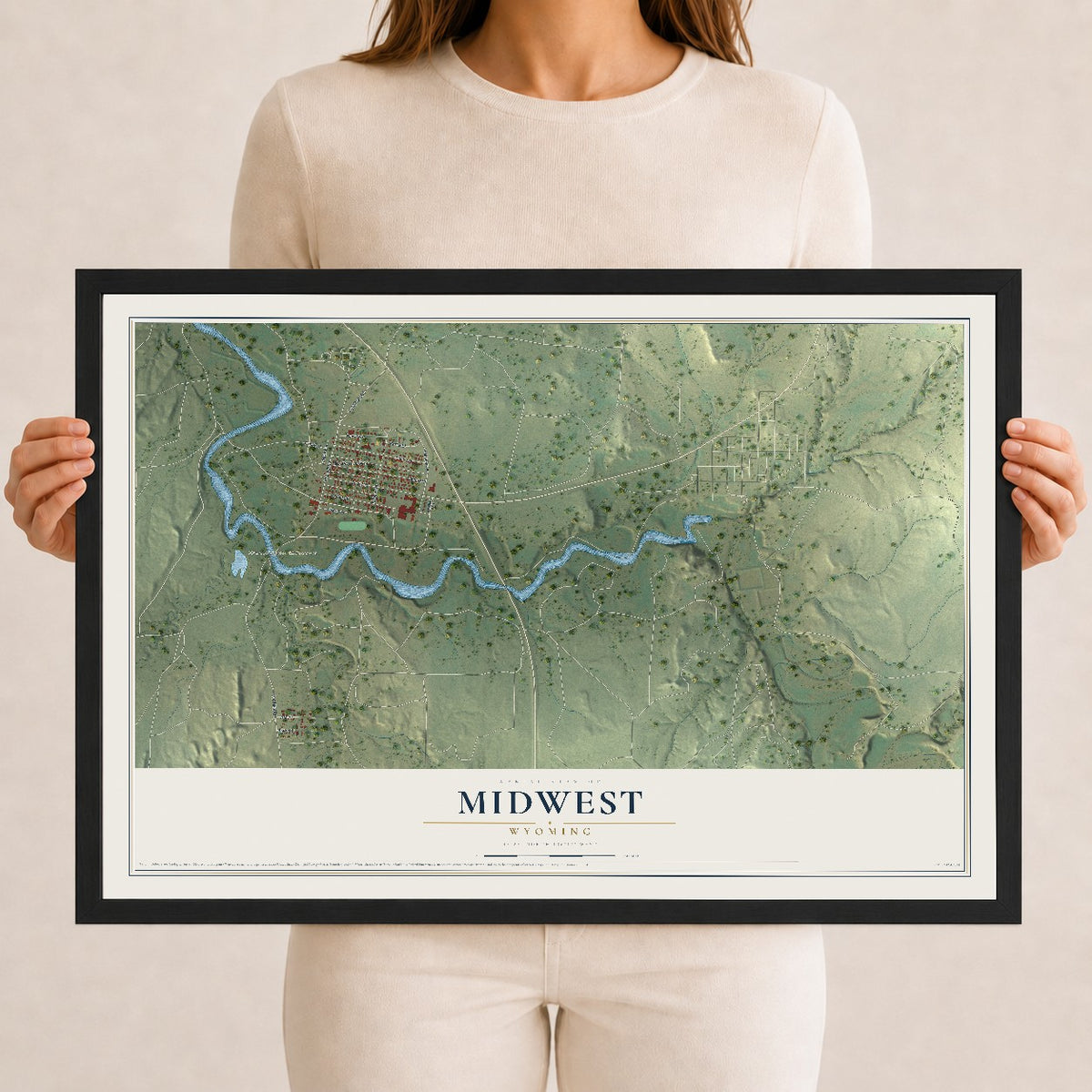 Map of Midwest, Wyoming, 12 x 18 inch print in a black wood frame