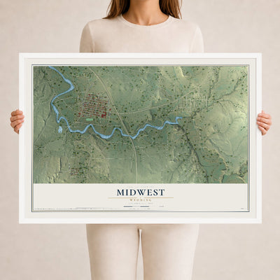 Map of Midwest, Wyoming, 24 x 36 inch print in a white wood frame