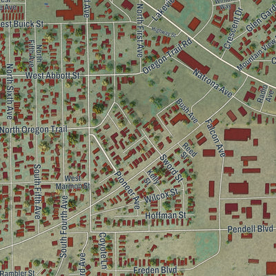 Close-up of the map of Mills, Wyoming print showing street and building detail