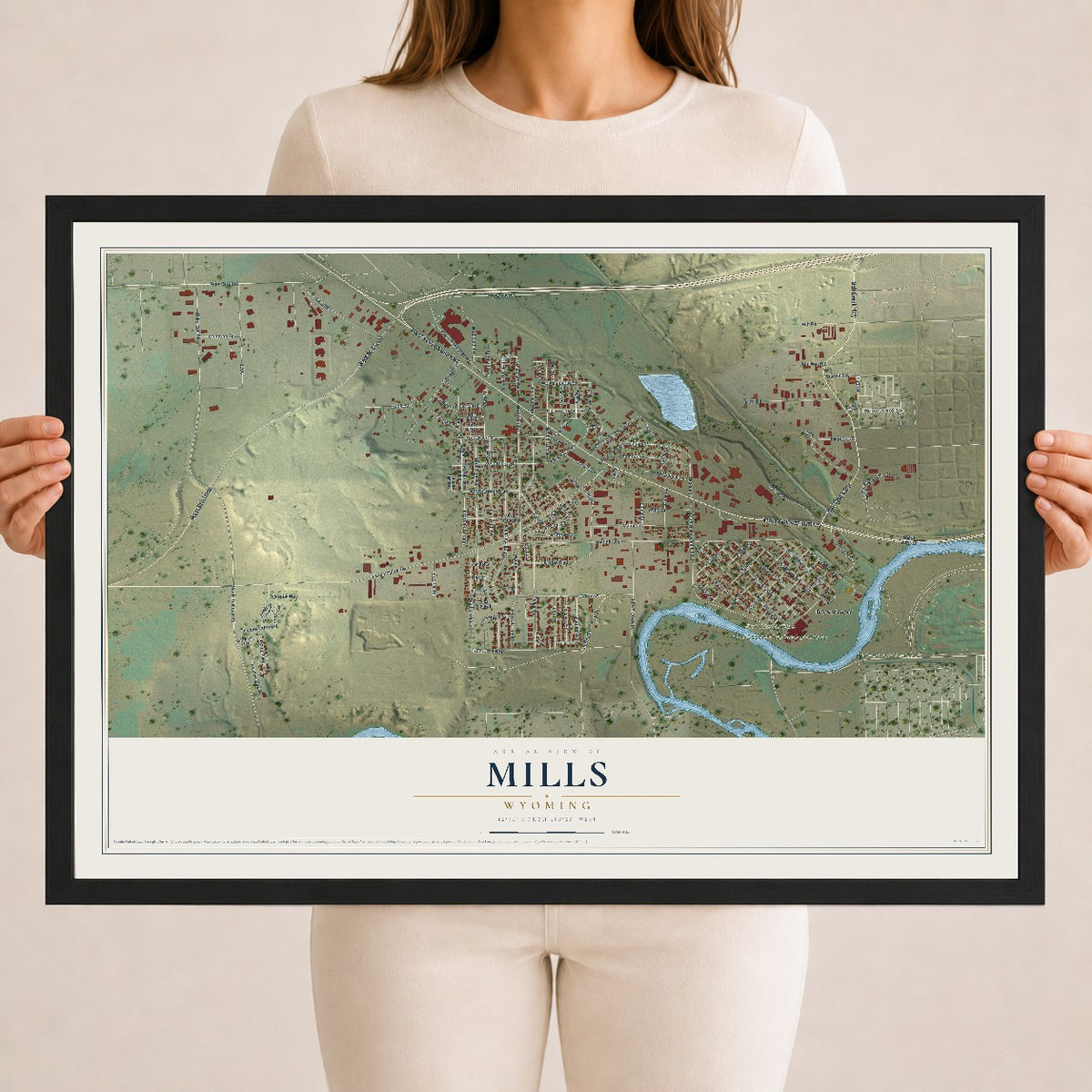 Map of Mills, Wyoming, 18 x 24 inch print in a black wood frame