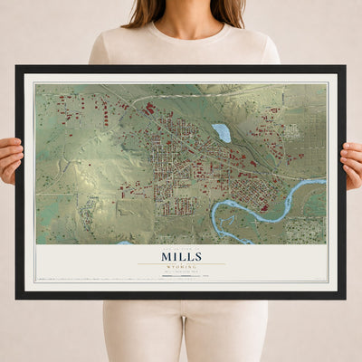 Map of Mills, Wyoming, 18 x 24 inch print in a black wood frame