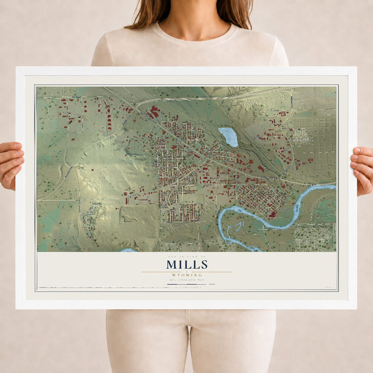 Map of Mills, Wyoming, 18 x 24 inch print in a white wood frame