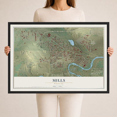 Map of Mills, Wyoming, 24 x 36 inch print in a black wood frame