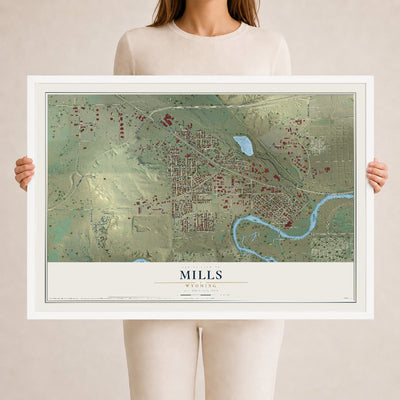 Map of Mills, Wyoming, 24 x 36 inch print in a white wood frame