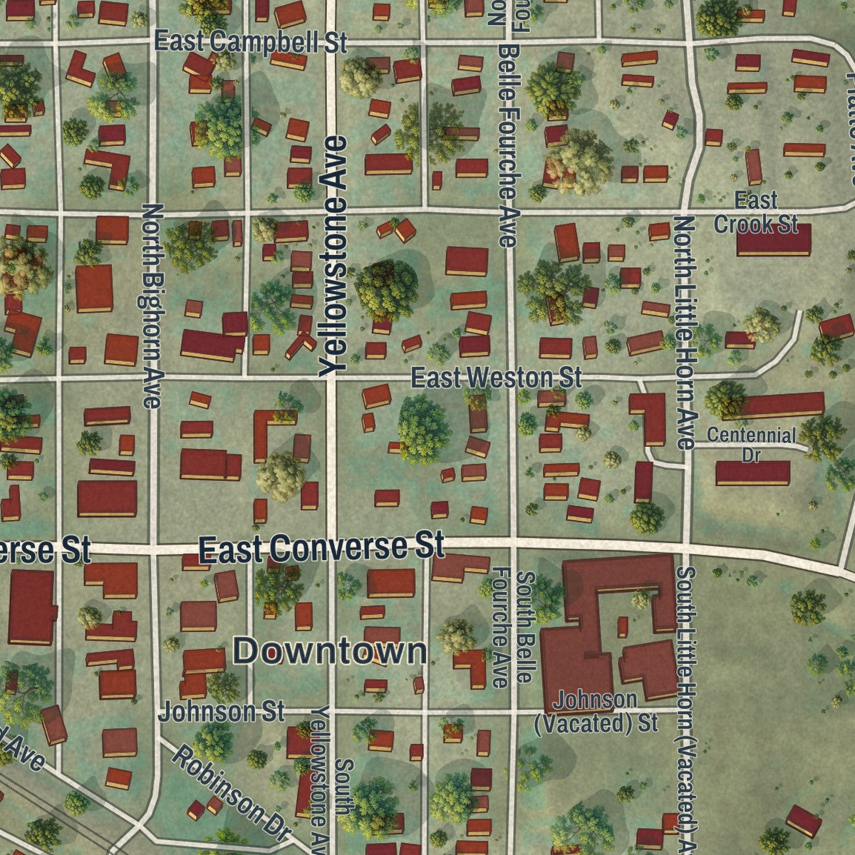 Close-up of the map of Moorcroft, Wyoming print showing street and building detail