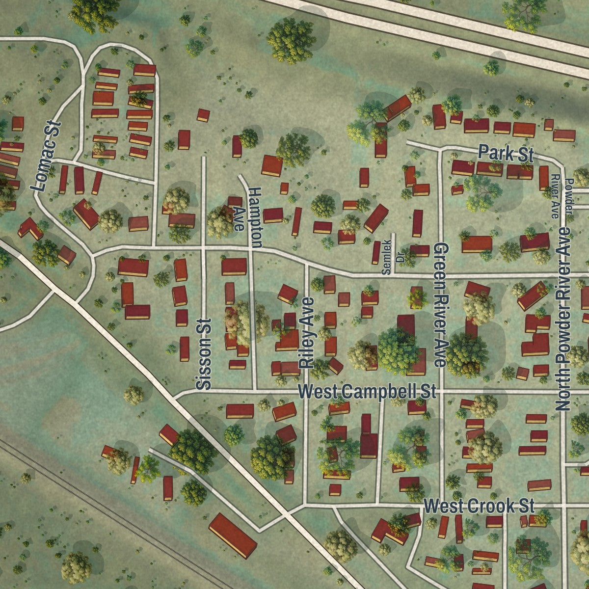 Second close-up of the map of Moorcroft, Wyoming print showing more streets and buildings