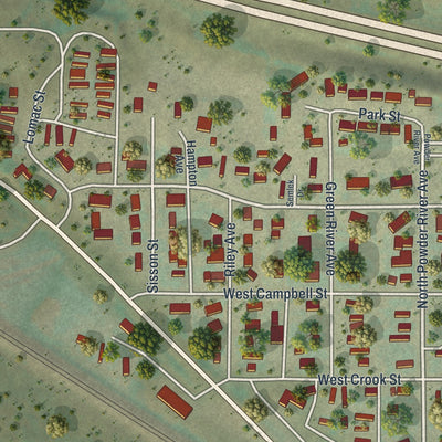 Second close-up of the map of Moorcroft, Wyoming print showing more streets and buildings