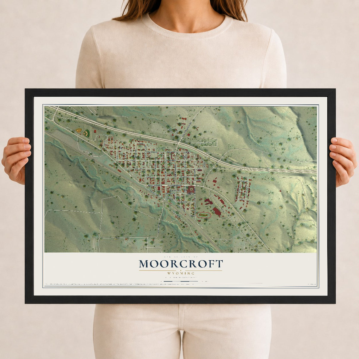 Map of Moorcroft, Wyoming, 12 x 18 inch print in a black wood frame