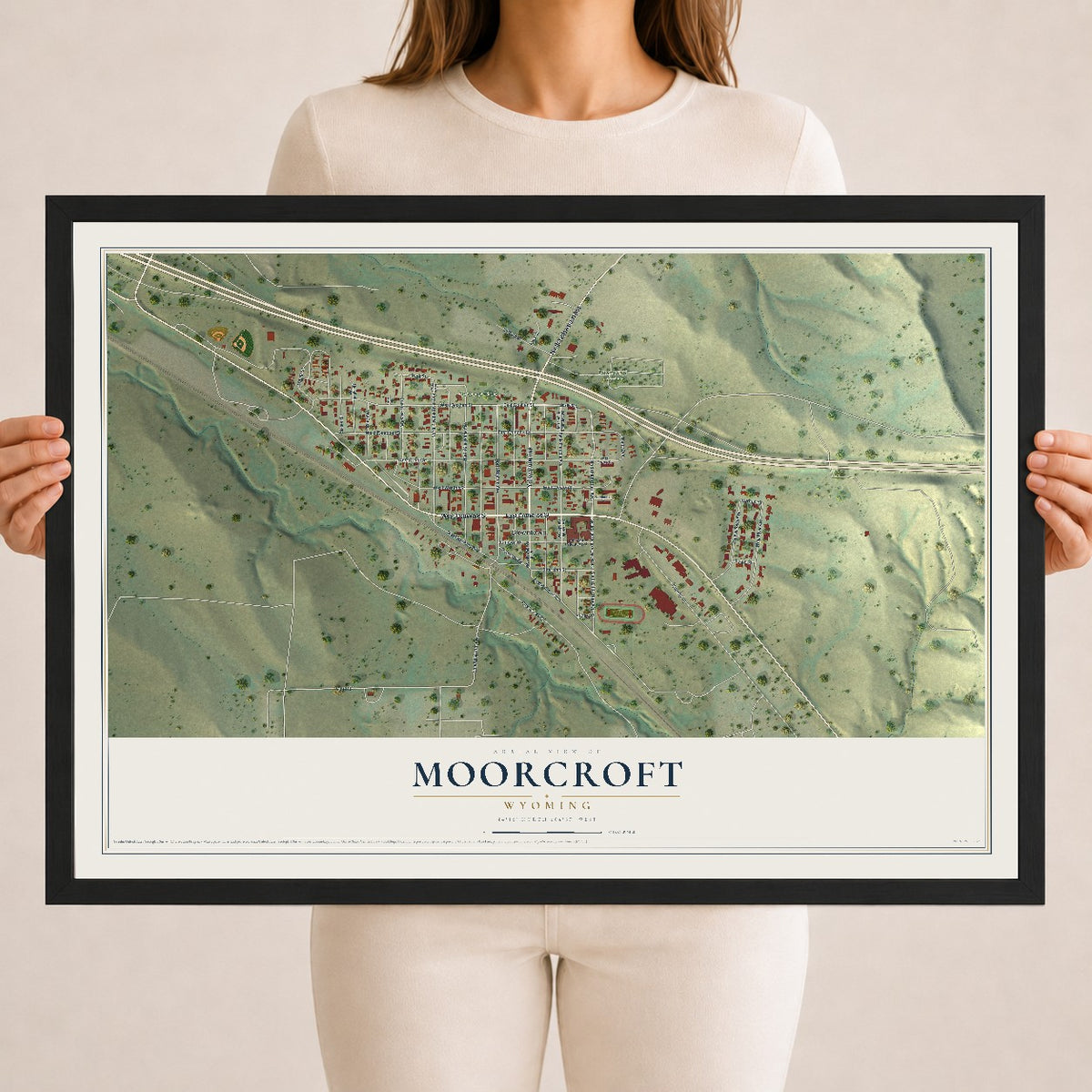 Map of Moorcroft, Wyoming, 18 x 24 inch print in a black wood frame