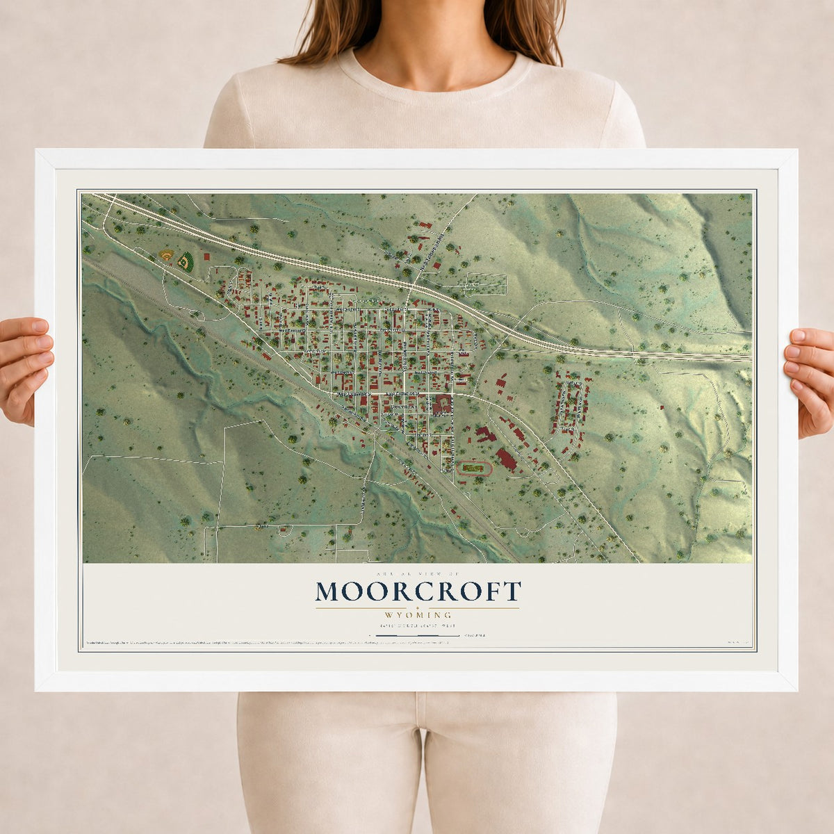 Map of Moorcroft, Wyoming, 18 x 24 inch print in a white wood frame