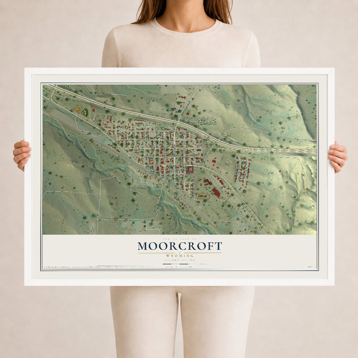 Map of Moorcroft, Wyoming, 24 x 36 inch print in a white wood frame