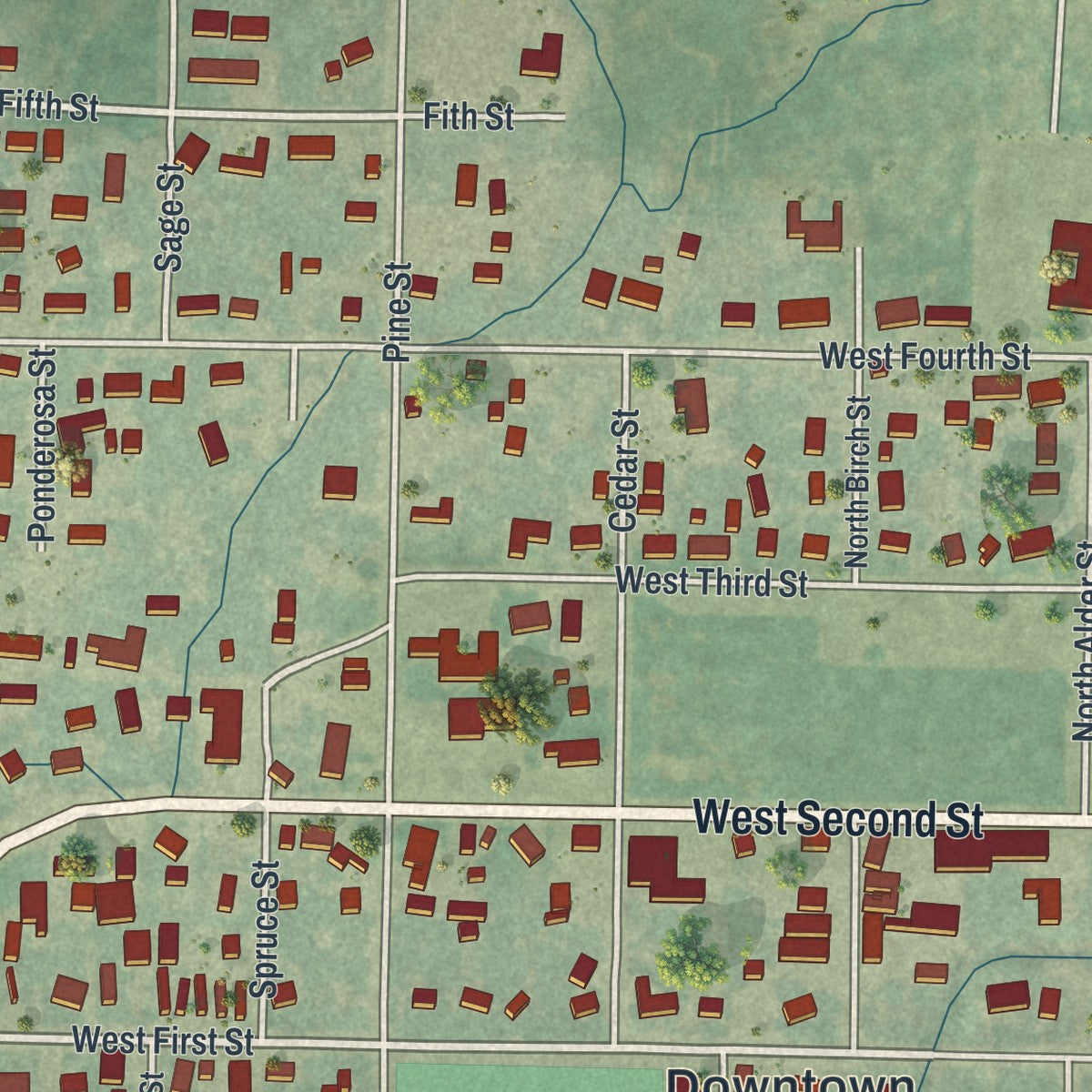 Close-up of the map of Mountain View, Wyoming print showing street and building detail