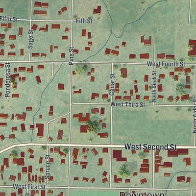 Close-up of the map of Mountain View, Wyoming print showing street and building detail