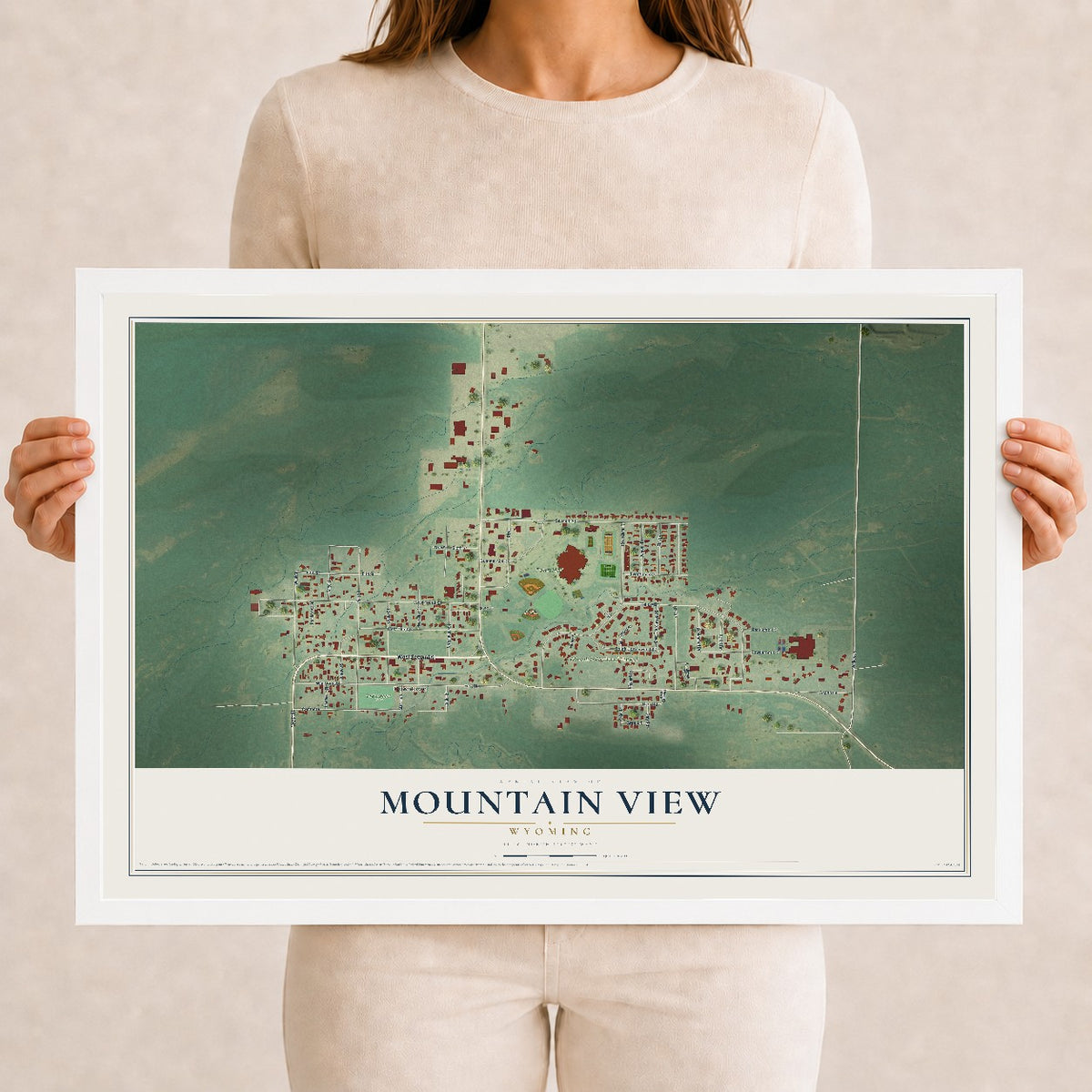 Map of Mountain View, Wyoming, 12 x 18 inch print in a white wood frame