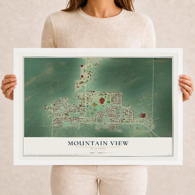 Map of Mountain View, Wyoming, 12 x 18 inch print in a white wood frame