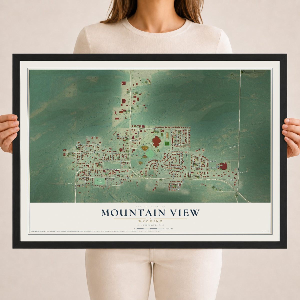Map of Mountain View, Wyoming, 18 x 24 inch print in a black wood frame