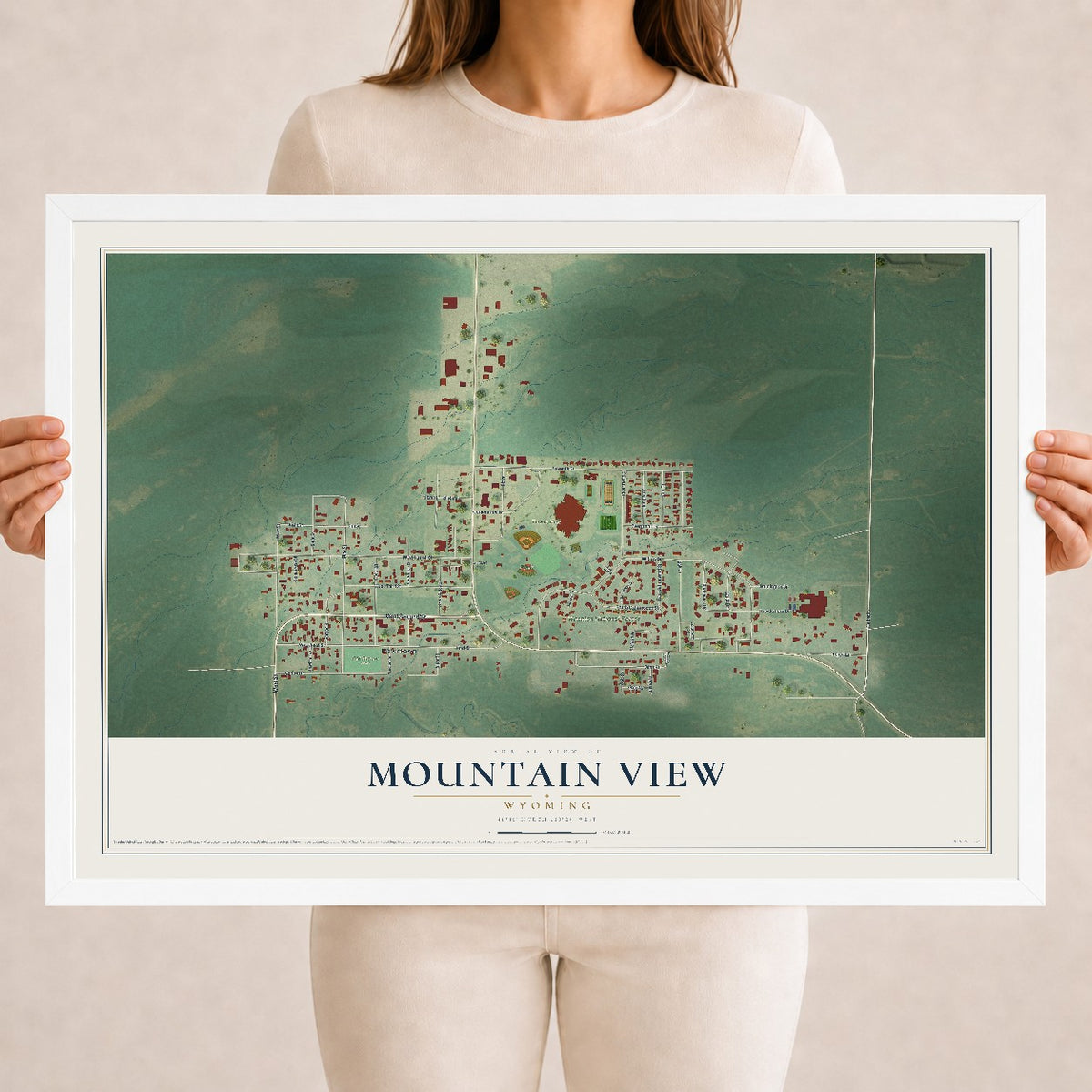 Map of Mountain View, Wyoming, 18 x 24 inch print in a white wood frame