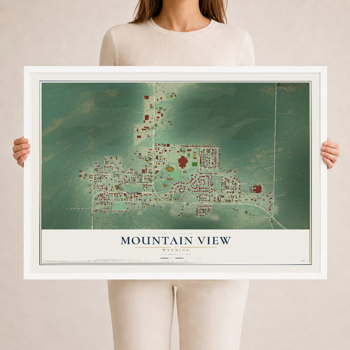Map of Mountain View, Wyoming, 24 x 36 inch print in a white wood frame