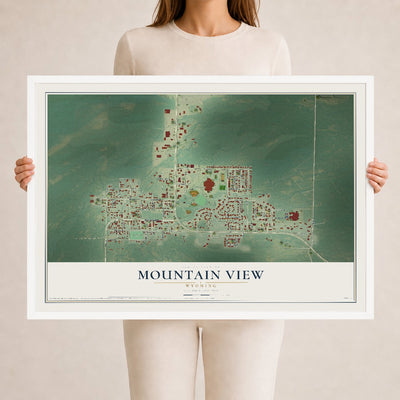 Map of Mountain View, Wyoming, 24 x 36 inch print in a white wood frame