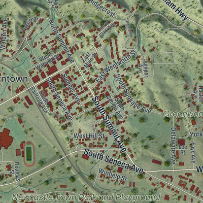 Close-up of the map of Newcastle, Wyoming print showing street and building detail