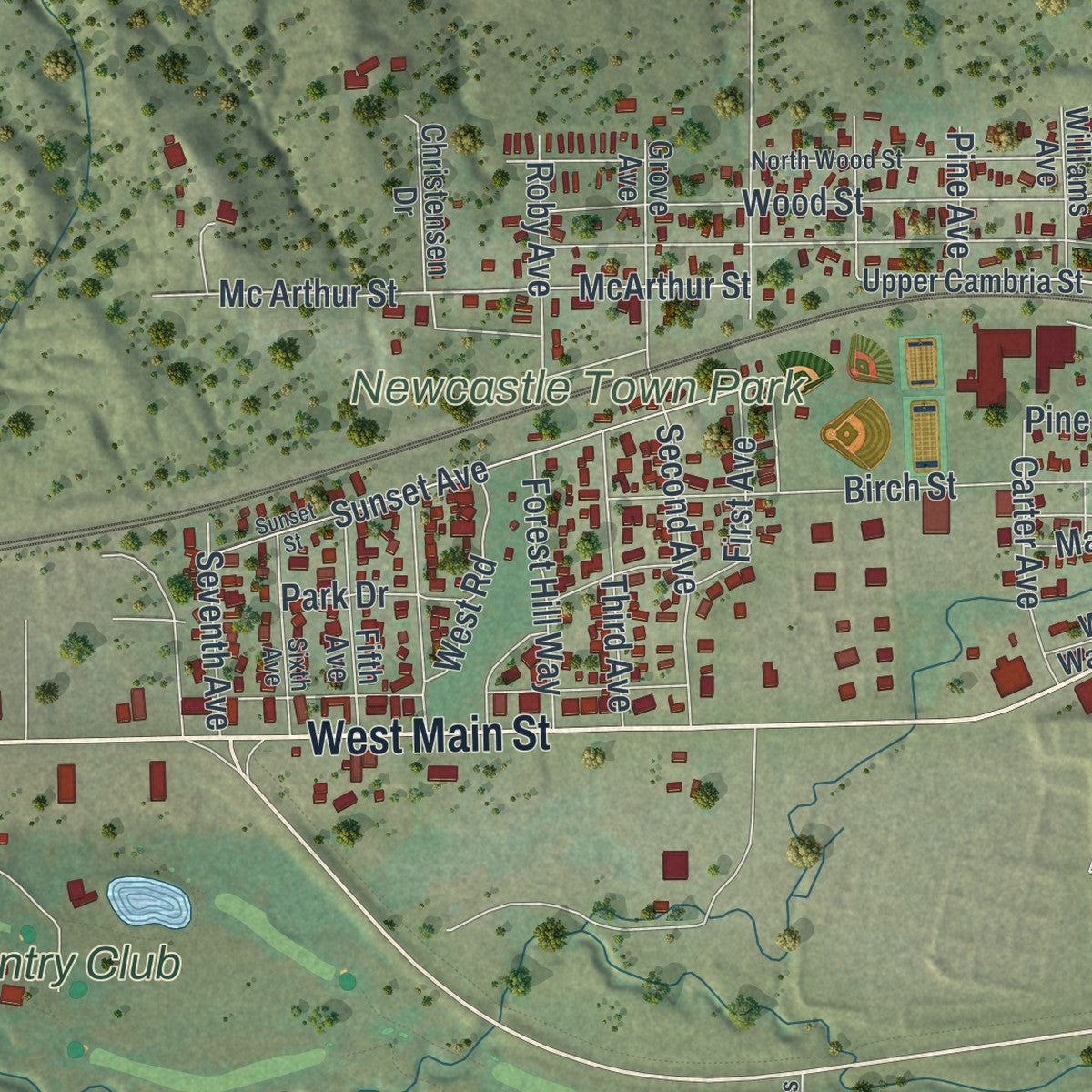 Second close-up of the map of Newcastle, Wyoming print showing more streets and buildings