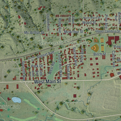 Second close-up of the map of Newcastle, Wyoming print showing more streets and buildings