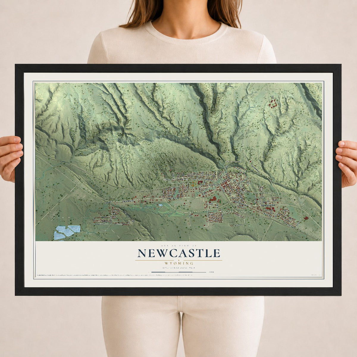 Map of Newcastle, Wyoming, 18 x 24 inch print in a black wood frame
