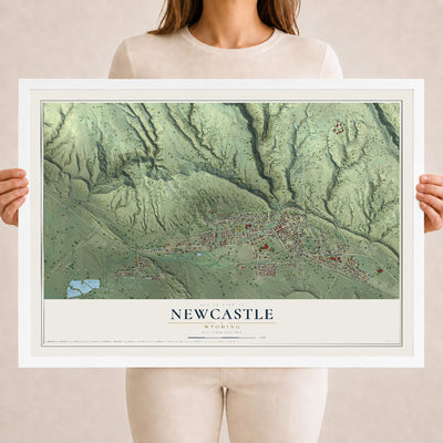 Map of Newcastle, Wyoming, 18 x 24 inch print in a white wood frame