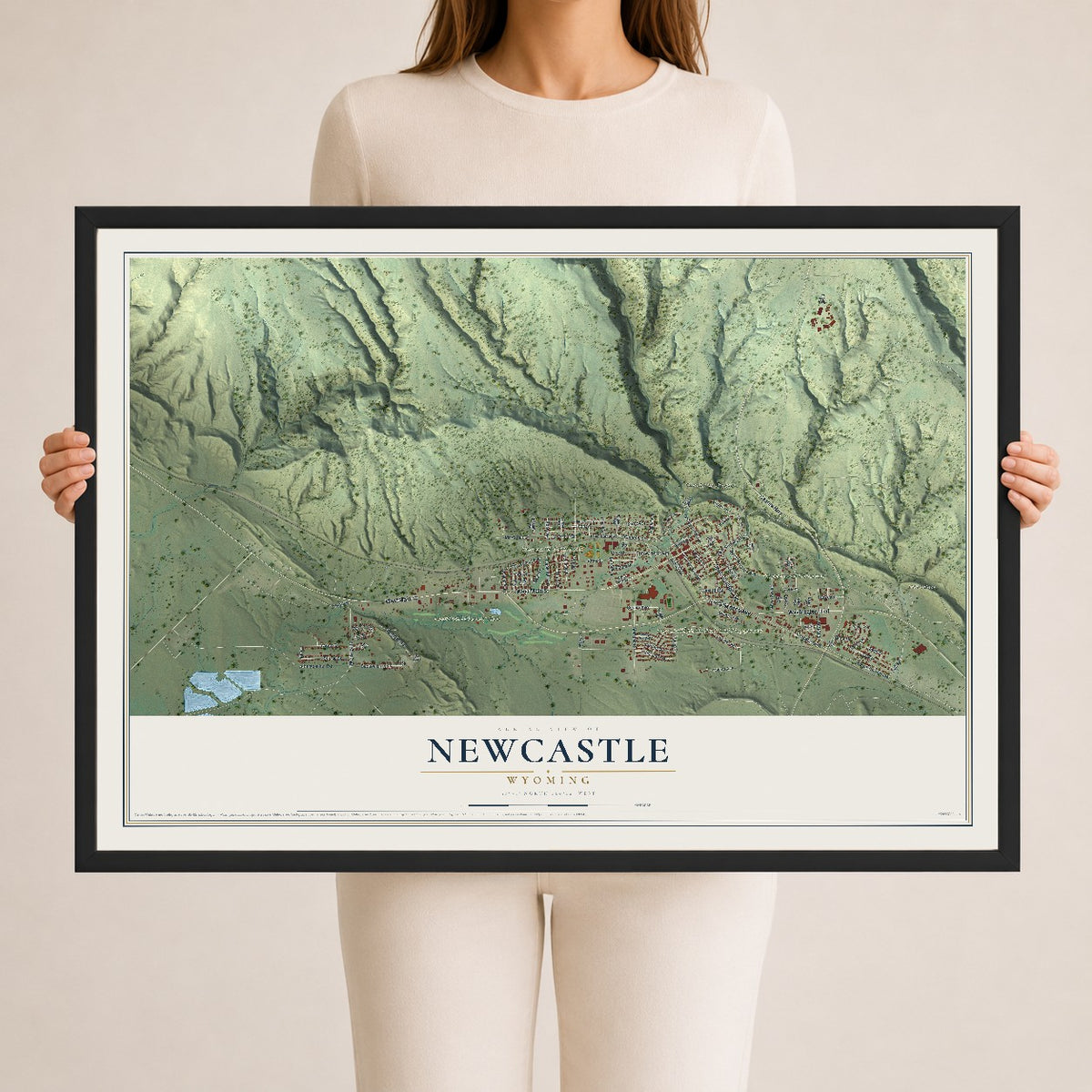 Map of Newcastle, Wyoming, 24 x 36 inch print in a black wood frame