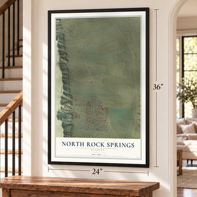 North Rock Springs, Wyoming map, 24 x 36 inch print in a black frame by a staircase