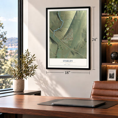 Oakley, Wyoming map, 18 x 24 inch print in a black frame in a home office